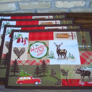 NEW Set of 4 Placemats "Adventure is Out There" Winter Snow Lodge Cabin Travel